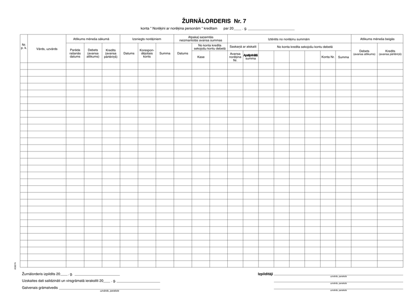 Žurnālorderis Nr.7 (Konta Norēķini ar norēķina personām K) A3/2/100 gab.